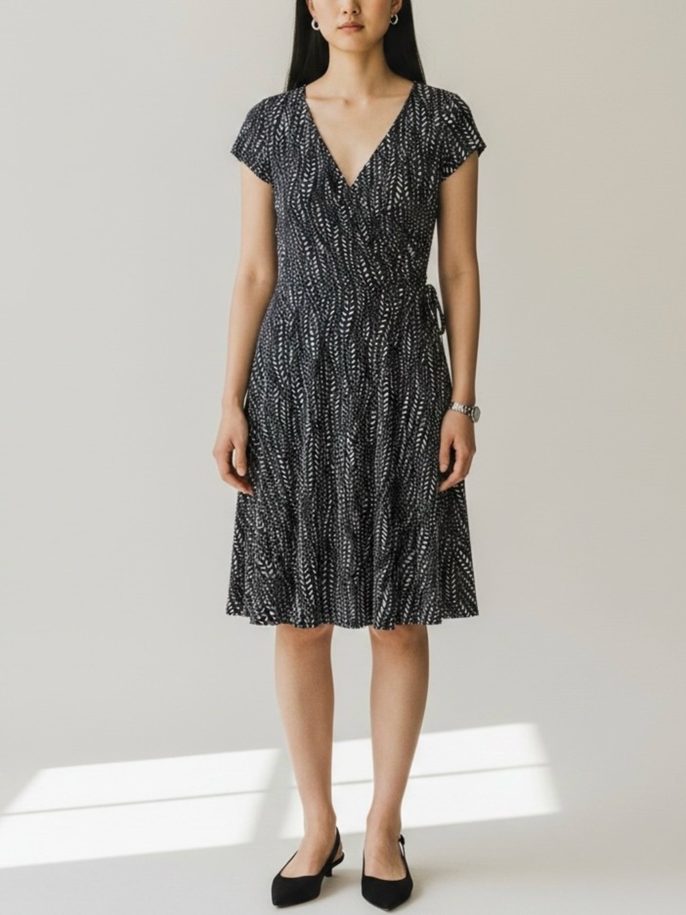 London Times Faux Wrap Dress Size 14 Black Brown White Jersey